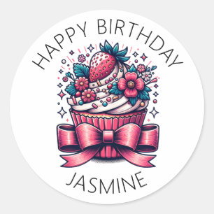Sticker Rond Whimsical de cupcake de fraise personnalisée