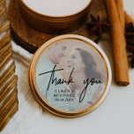 Sticker Rond Whimsical Elegant Boho Photo Mariage Merci<br><div class="desc">Ces stickers de mariage photo boho élégant et fantaisiste sont parfaits pour un mariage moderne. Le design se caractérise par une typographie élégante mais rustique avec votre photo en arrière - plan. Personnalisez les étiquettes autocollants avec vos noms, et la date. Ces autocollants peuvent être utilisés pour une réception de...</div>