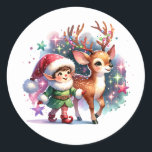 Sticker Rond Whimsical Elf et Reindeer Christmas<br><div class="desc">Un elfe fantaisiste mignon et des autocollants de fête des rennes. Joli style aquarelle art.</div>