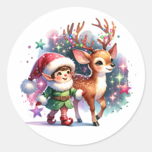 Sticker Rond Whimsical Elf et Reindeer Christmas