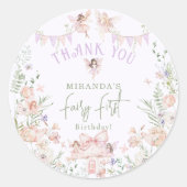 Sticker Rond Whimsical Fairy First Birthday Pastel Thank You (Devant)