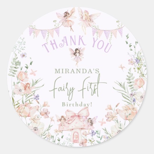 Sticker Rond Whimsical Fairy First Birthday Pastel Thank You (Devant)