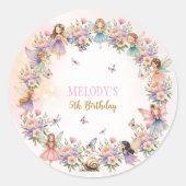 Sticker Rond Whimsical flower fairy garden 5th birthday  (Devant)