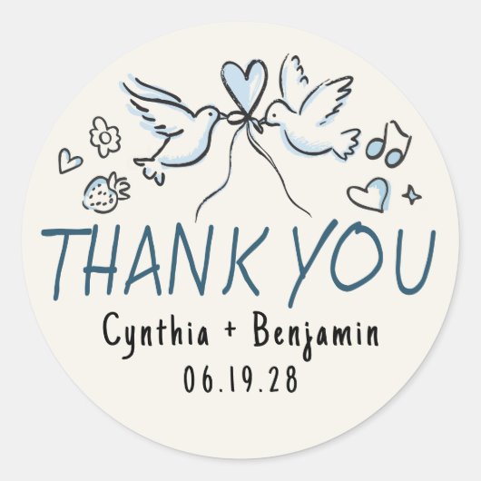 Sticker Rond Whimsical Funky mignon main tiré Merci Mariage (Devant)