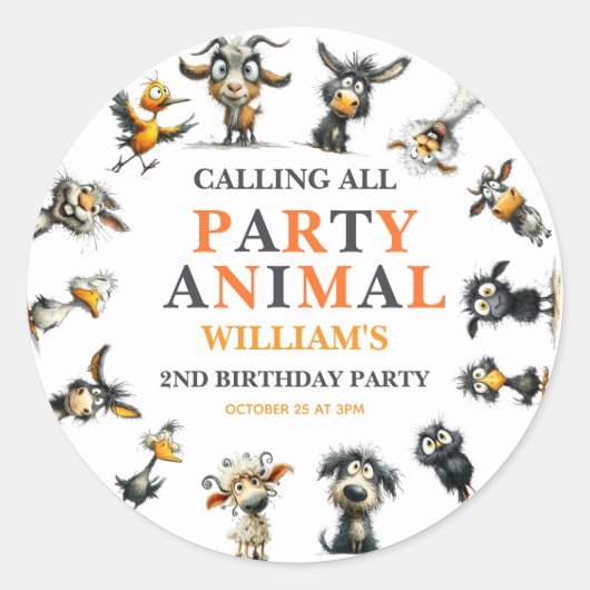 Sticker Rond Whimsical Funny Animals 2nd Birthday Party (Devant)