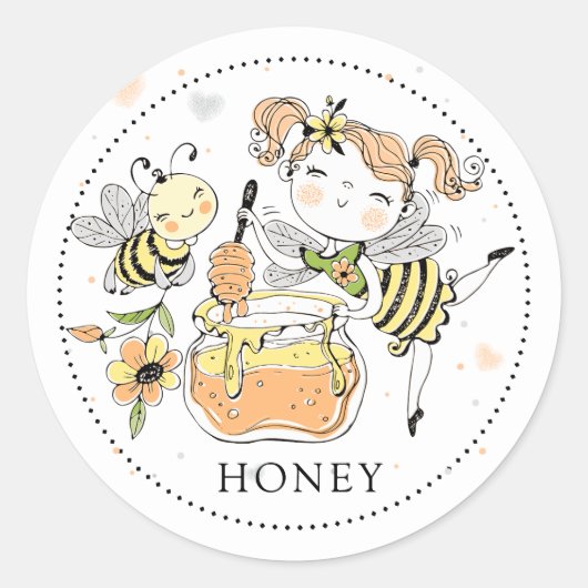 Sticker Rond Whimsical Girl bee honey Jar Label (Devant)