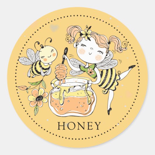 Sticker Rond Whimsical Girl bee honey Jar Label (Devant)