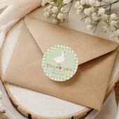 Sticker Rond Whimsical Green Gingham Silly Goose Baby Shower