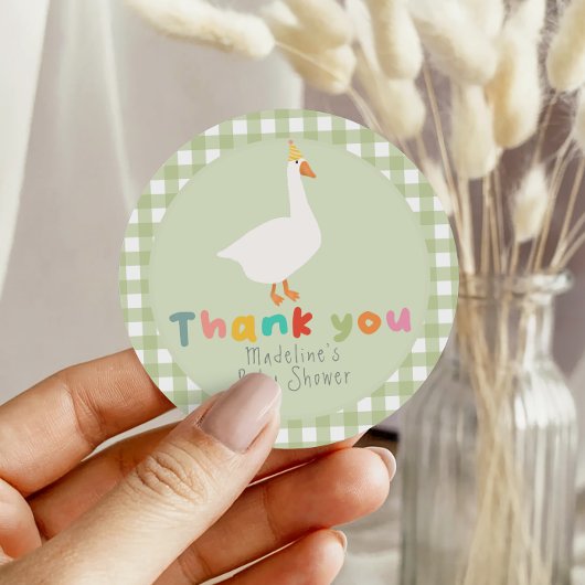 Sticker Rond Whimsical Green Gingham Silly Goose Baby Shower