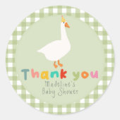 Sticker Rond Whimsical Green Gingham Silly Goose Baby Shower (Devant)