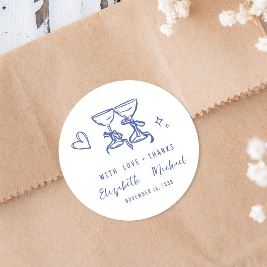 Sticker Rond Whimsical Hand Drawn Blue Wedding Thank You
