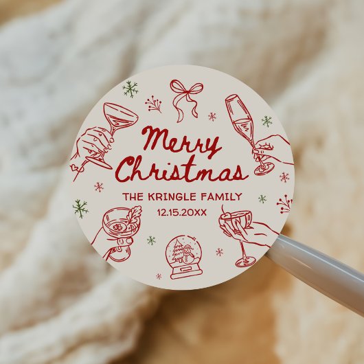 Sticker Rond Whimsical Hand Drawn Christmas Party