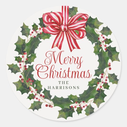 Sticker Rond Whimsical Holly Wreath Christmas (Devant)