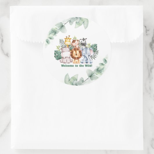 Sticker Rond Whimsical Jungle Safari Animal Birthday (Sac)