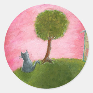 Sticker Rond Whimsical Kitty Chat Folk Art Peinture Ciel rose