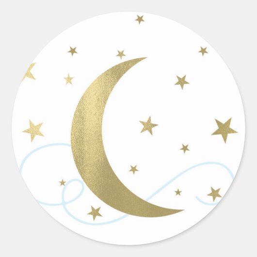 Sticker Rond Whimsical Light Blue & Gold Moon Stars Bébé Douche (Devant)