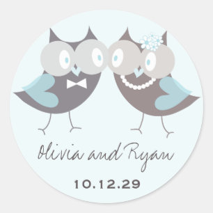 Sticker Rond Whimsical mignon Mariage Brown Chouettes Bleues Fa