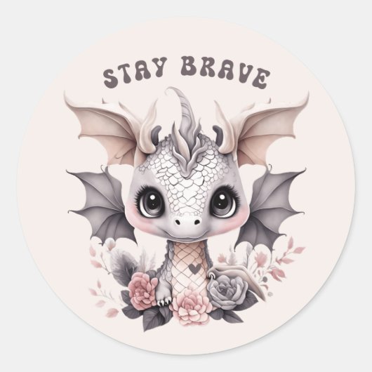 Sticker Rond Whimsical mignon rose "Restez courageux" Petit Dra (Devant)