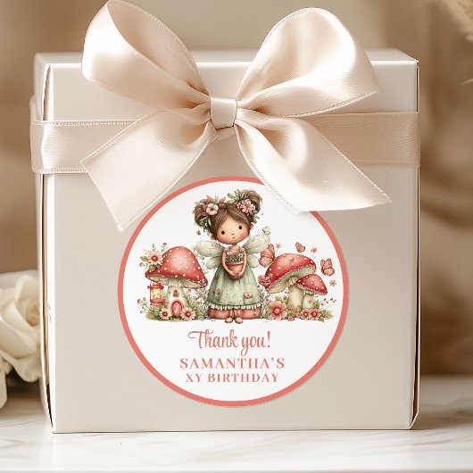 Sticker Rond Whimsical Pink Fairy Floral Birthday Thank You 