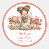 Sticker Rond Whimsical Pink Fairy Floral Birthday Thank You  (Devant)