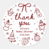 Sticker Rond Whimsical Red Hand Drawn Christmas Baby Shower (Devant)
