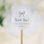 Sticker Rond Whimsical Retro Blue Bow Wedding Thank You Favor<br><div class="desc">A thank you sticker to match our Whimsical Retro Blue Stripes Wedding collection. This design features a whimsical illustration of a bow on the top and thank you written in calligraphy. This favor sticker can be used on wedding favors or to seal envelopes for thank-you cards. View the collection linked...</div>