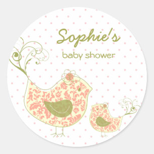 Sticker Rond Whimsical rose Damask maman Bird Girl Baby shower