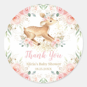 Sticker Rond Whimsical Sweet Deer Blush Floral Baby shower