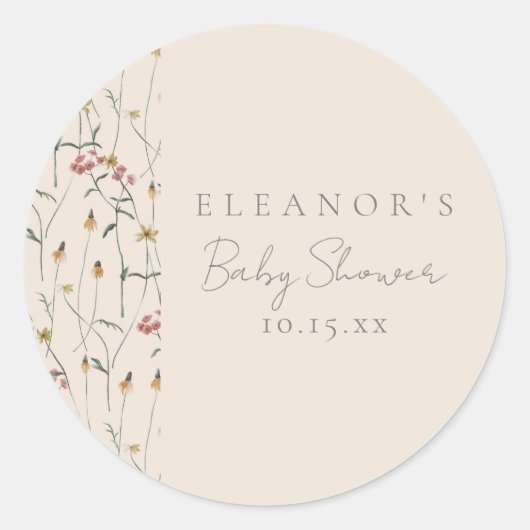 Sticker Rond Whimsical Wildflower Floral Custom Baby Shower (Devant)