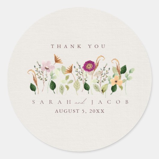 Sticker Rond Whimsical Wildflowers Garden Wedding (Devant)