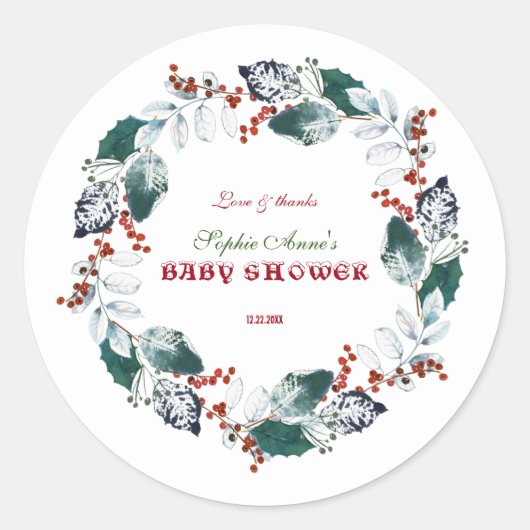 Sticker Rond Whimsical Winter Holy Berries Wreath Baby shower (Devant)