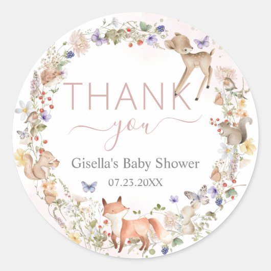 Sticker Rond Whimsical Woodland Animals Wildflower Baby Shower  (Devant)