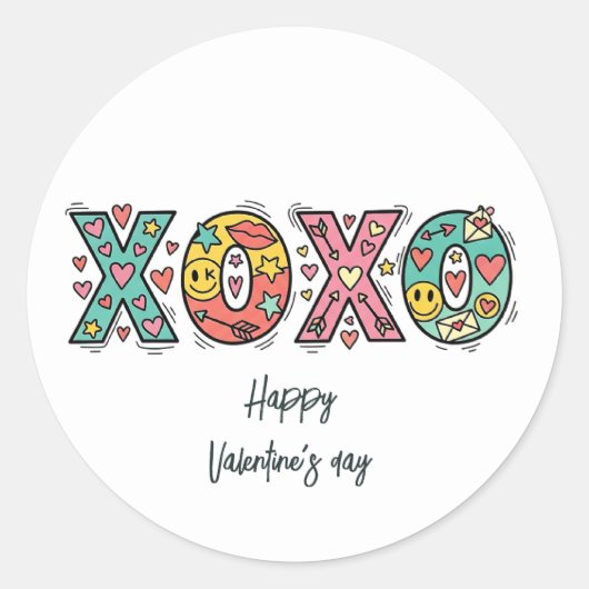 Sticker Rond Whimsical "XOXO"Hearts Happy Valentine's Day  (Devant)