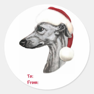 Sticker Rond Whippet Christmas Black Père Noël Tags cadeaux