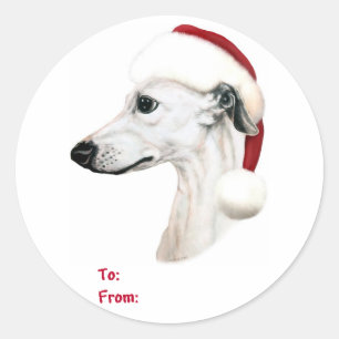 Sticker Rond Whippet Christmas White Père Noël Tags cadeaux