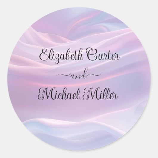 Sticker Rond Whispers of Silk : Dreamy Pastel Waves Pink Blue (Devant)