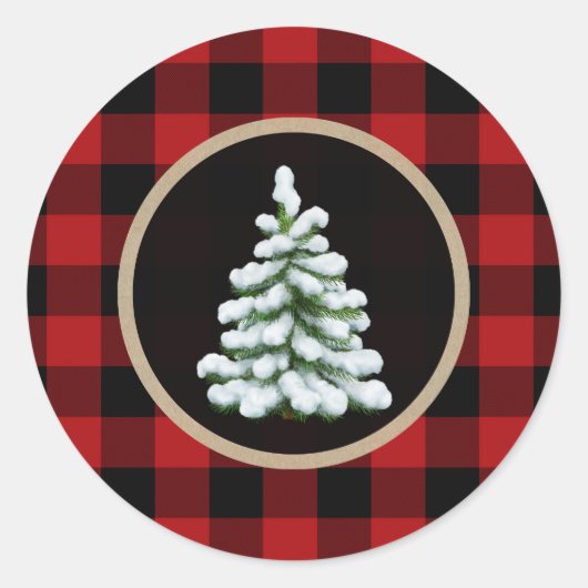 Sticker Rond White Christmas Tree Holiday Red Buffalo Plaid (Devant)