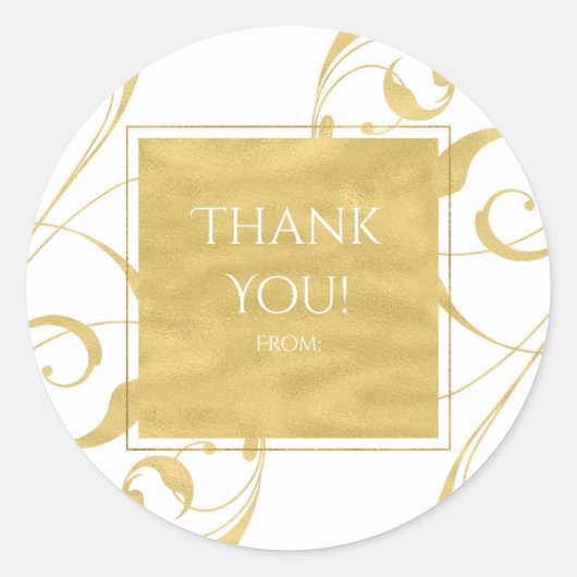 Sticker Rond White & Faux Gold Floral Swirl Mariage élégant (Devant)