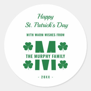 Sticker Rond White Green Monogram Nom de famille St. Patrick's 