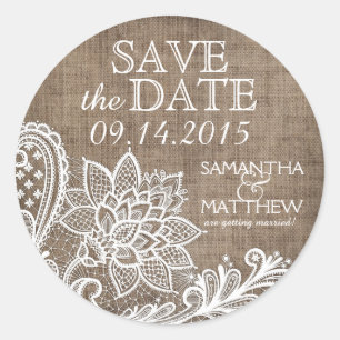 Sticker Rond White Lace Burlap Moderne Goth Enregistrer la date