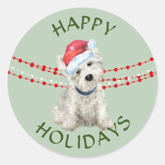 Sticker Rond White Westie Santa Hat Joyeuses Fêtes (Devant)