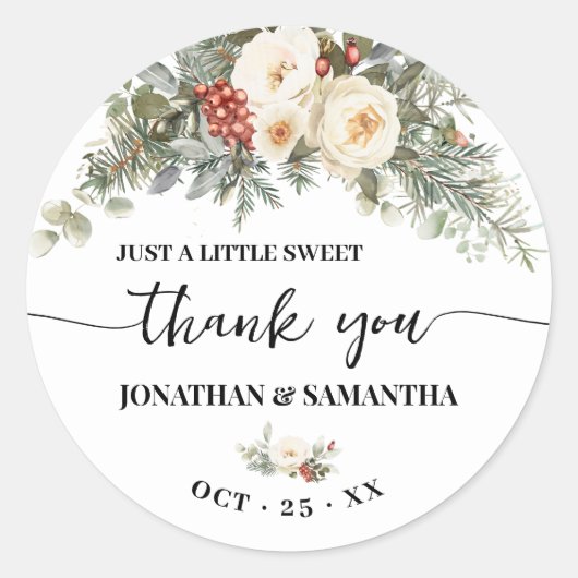 Sticker Rond White Winter Flowers Wedding Thank You (Devant)