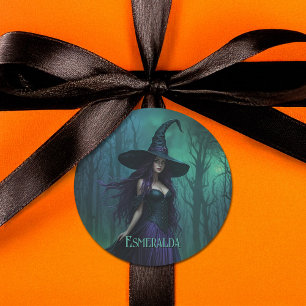 Sticker Rond Wicked Halloween sorcière en violet et nom noir