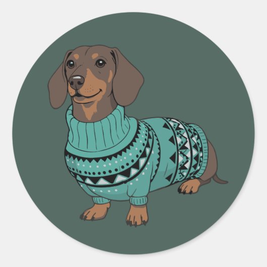 Sticker Rond Wiener Dog Christmas Ugly Sweater Dachshund Pet (Devant)