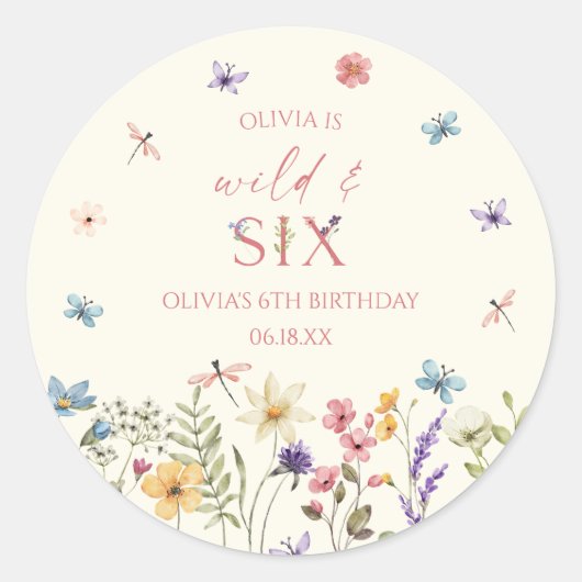 Sticker Rond Wild and Six Wildflower 6th Birthday Party (Devant)