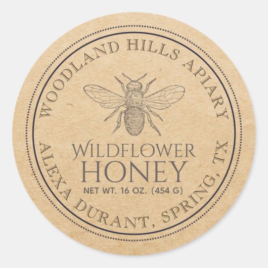 Sticker Rond Wild Flower Editable Kraft Honey Jar Bee Label (Devant)