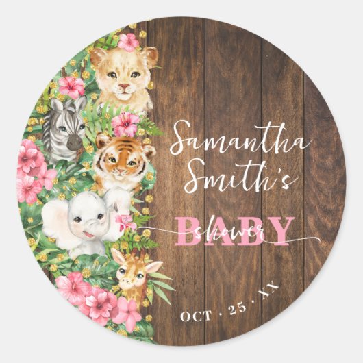 Sticker Rond Wild One Animal Rustic Safari Pink Baby Shower (Devant)
