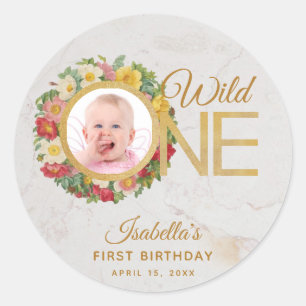 Sticker Rond Wild One Floral Photo Rose Wreath Premier annivers