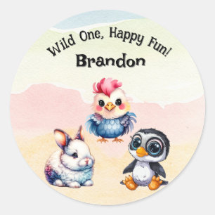 Sticker Rond Wild One Happy Fun Woodland Animaux Aquarelle