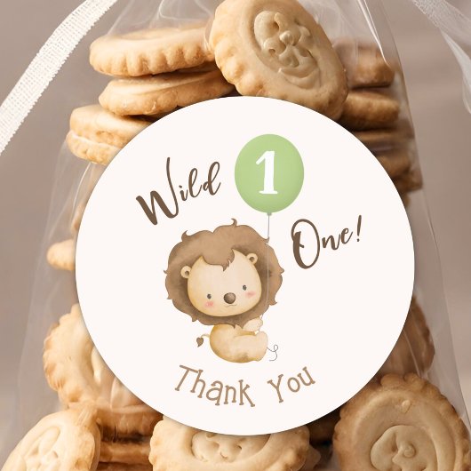 Sticker Rond Wild One Lion Sage Green Balloon Boy 1er anniversa